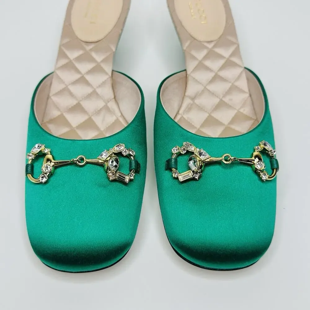 NIB Gucci Horsebit Crystals Satin Mules IT 36 US 6 Slip On Emerald Green Sandal - Picture 9 of 15